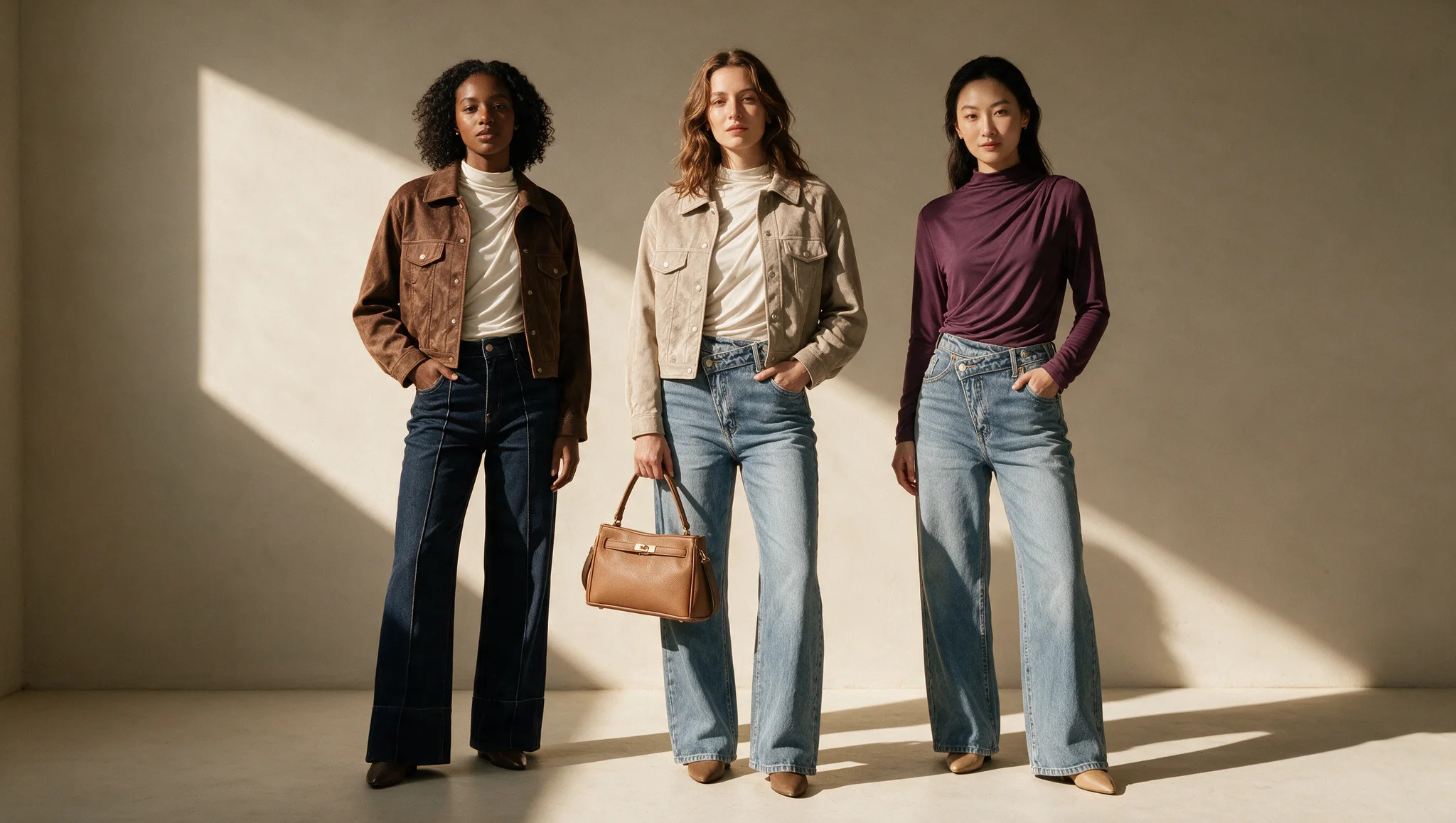 Tres mujeres con la chaqueta de antelina, el top drapeado, los vaqueros y el bolso de Women Essential